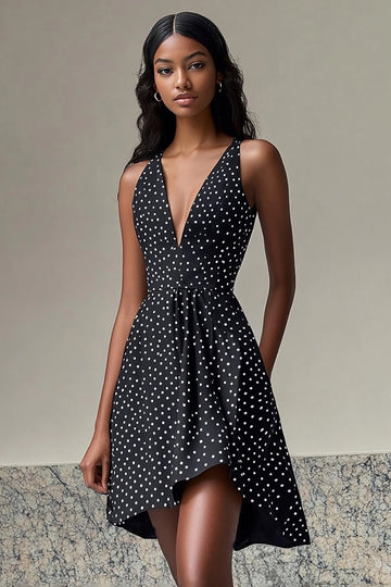 Svart A Line V-hals Kort Vit Polka Dots Klänning